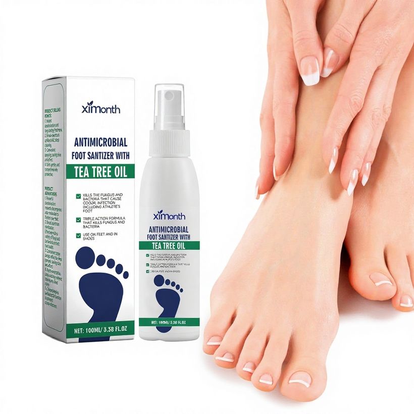 Le flacon PodoFresh et son étui posés à côté de pieds nus